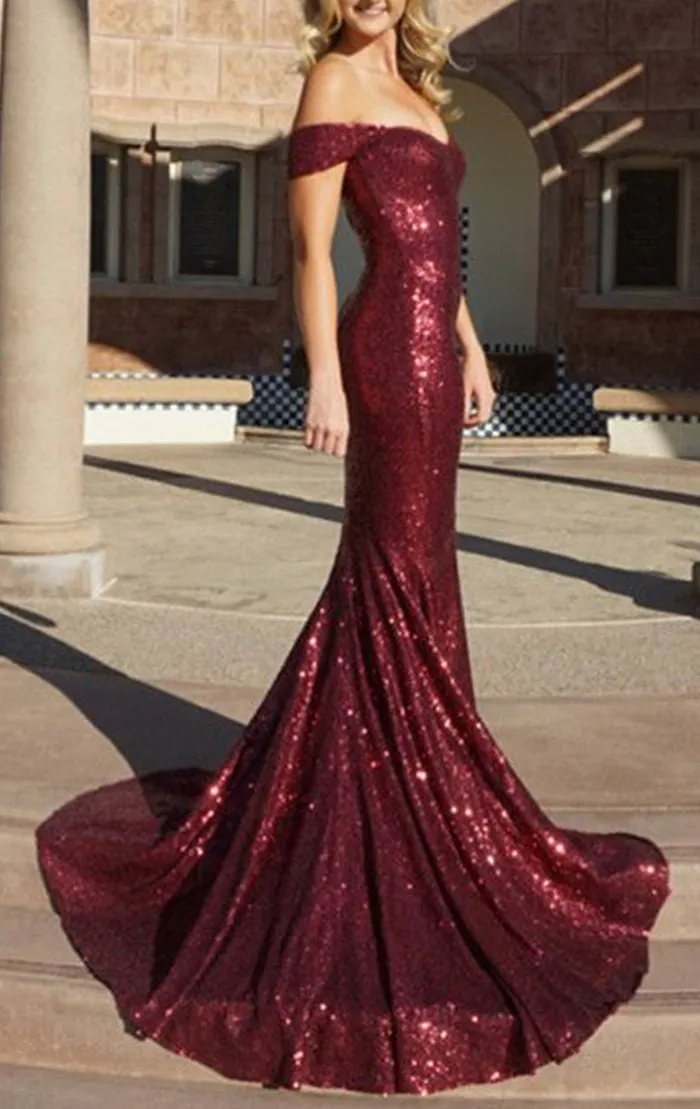 MACloth Off the Shoulder Mermaid Sequin Long Prom Dress Burgundy Formal Evening Gown