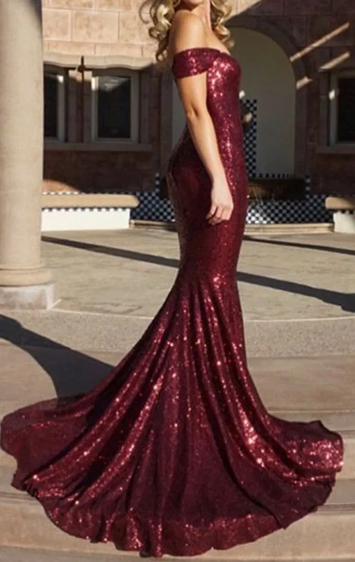 MACloth Off the Shoulder Mermaid Sequin Long Prom Dress Burgundy Formal Evening Gown