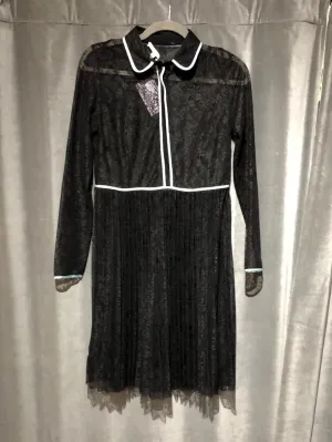 Maje Black Lace Long Sleeve Pleated with light Blue satin trim