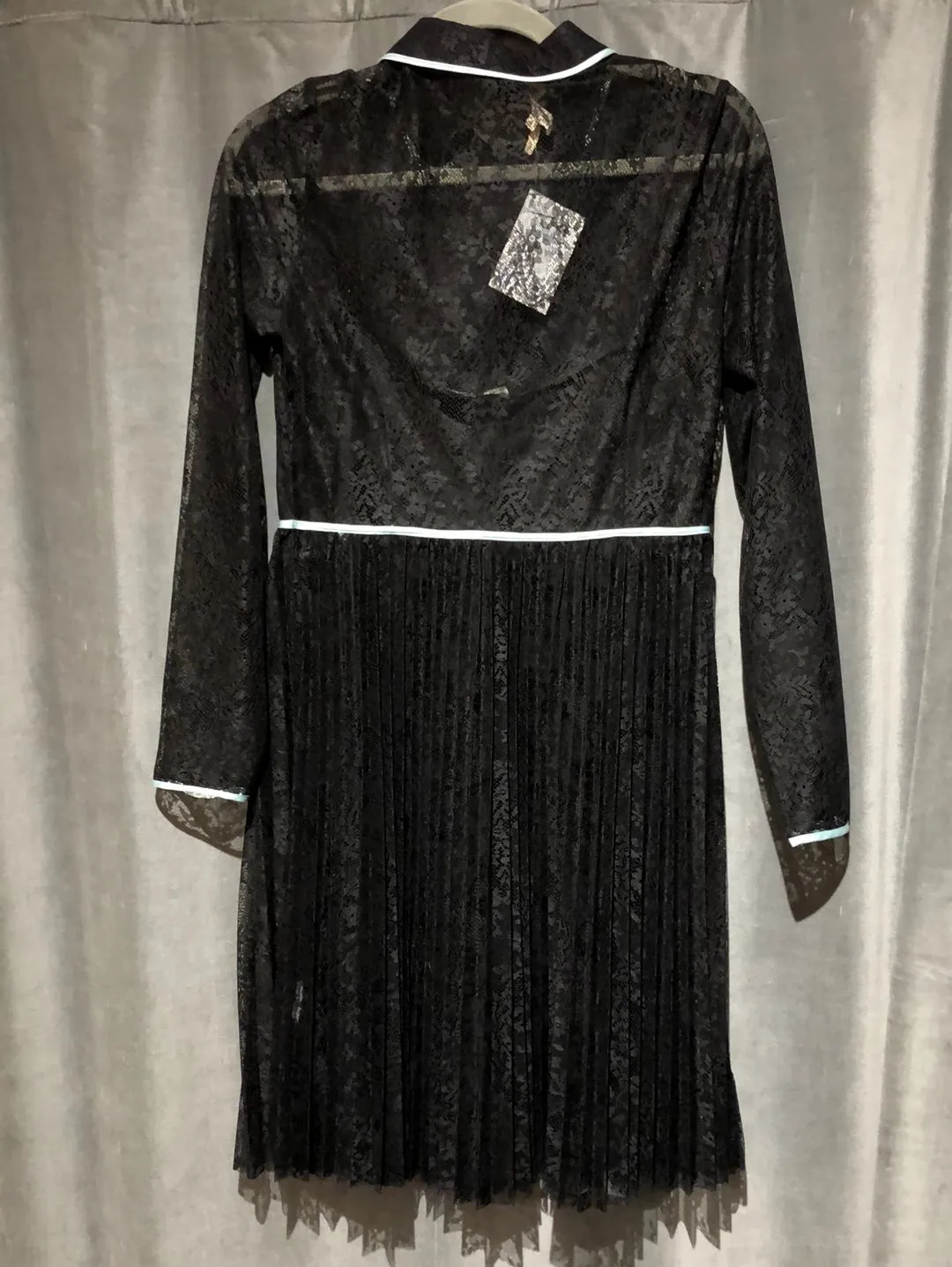 Maje Black Lace Long Sleeve Pleated with light Blue satin trim