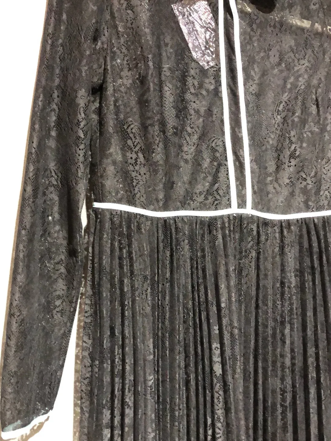 Maje Black Lace Long Sleeve Pleated with light Blue satin trim