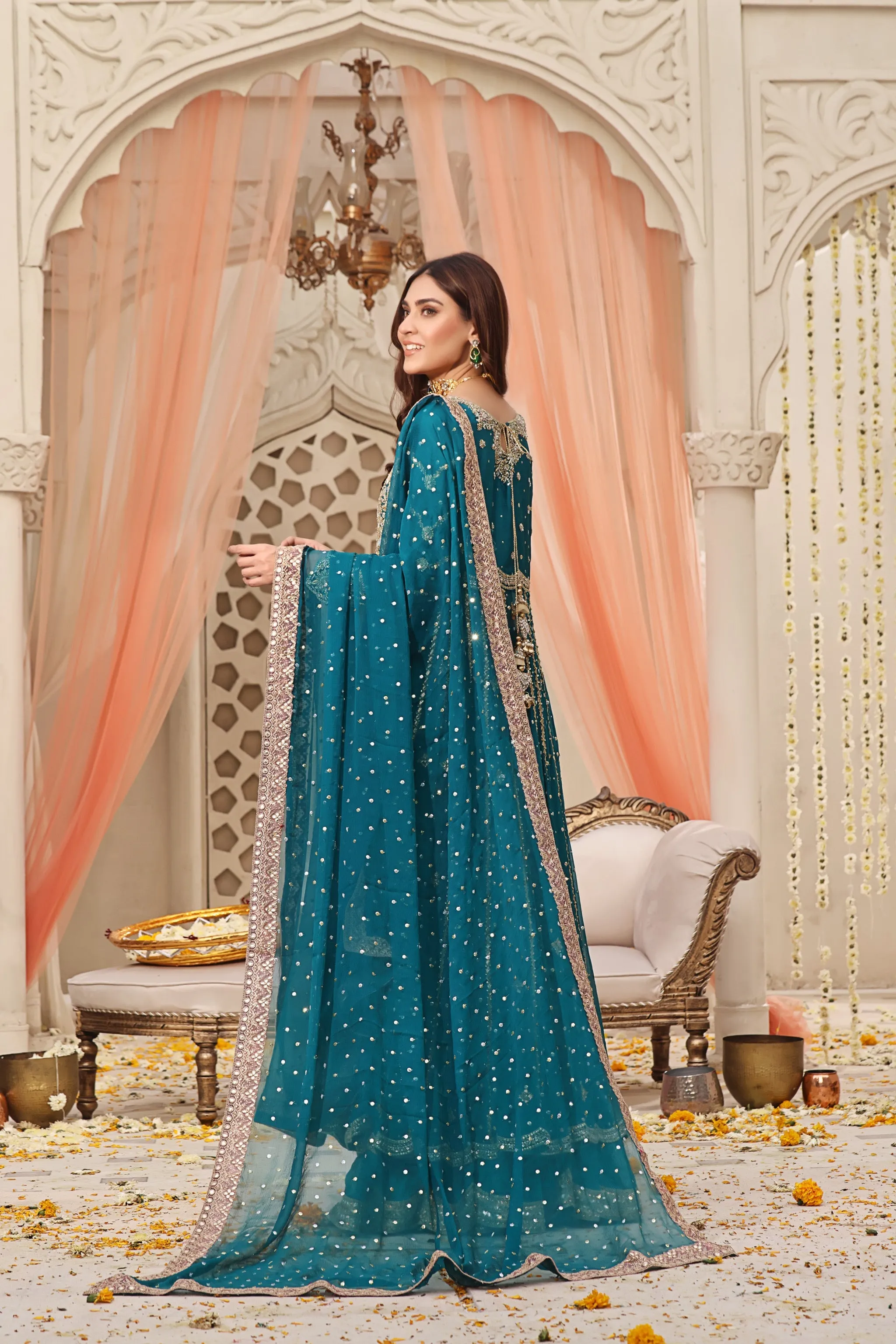 Mehndi Dress in Chiffon Kalidaar and Silk Lehenga Style