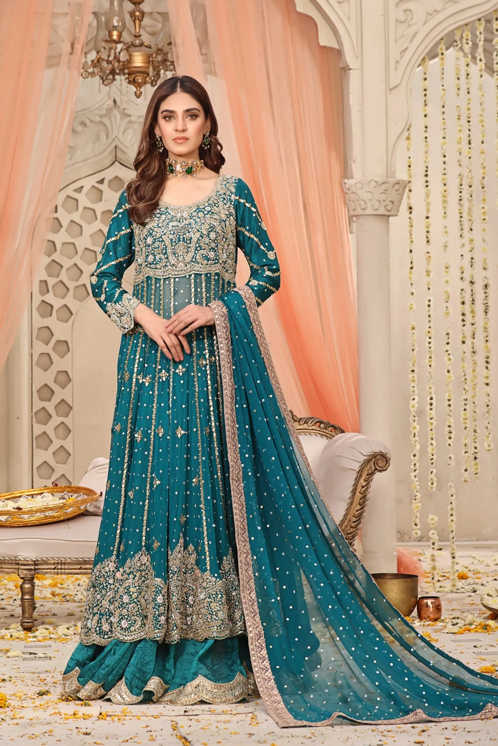 Mehndi Dress in Chiffon Kalidaar and Silk Lehenga Style