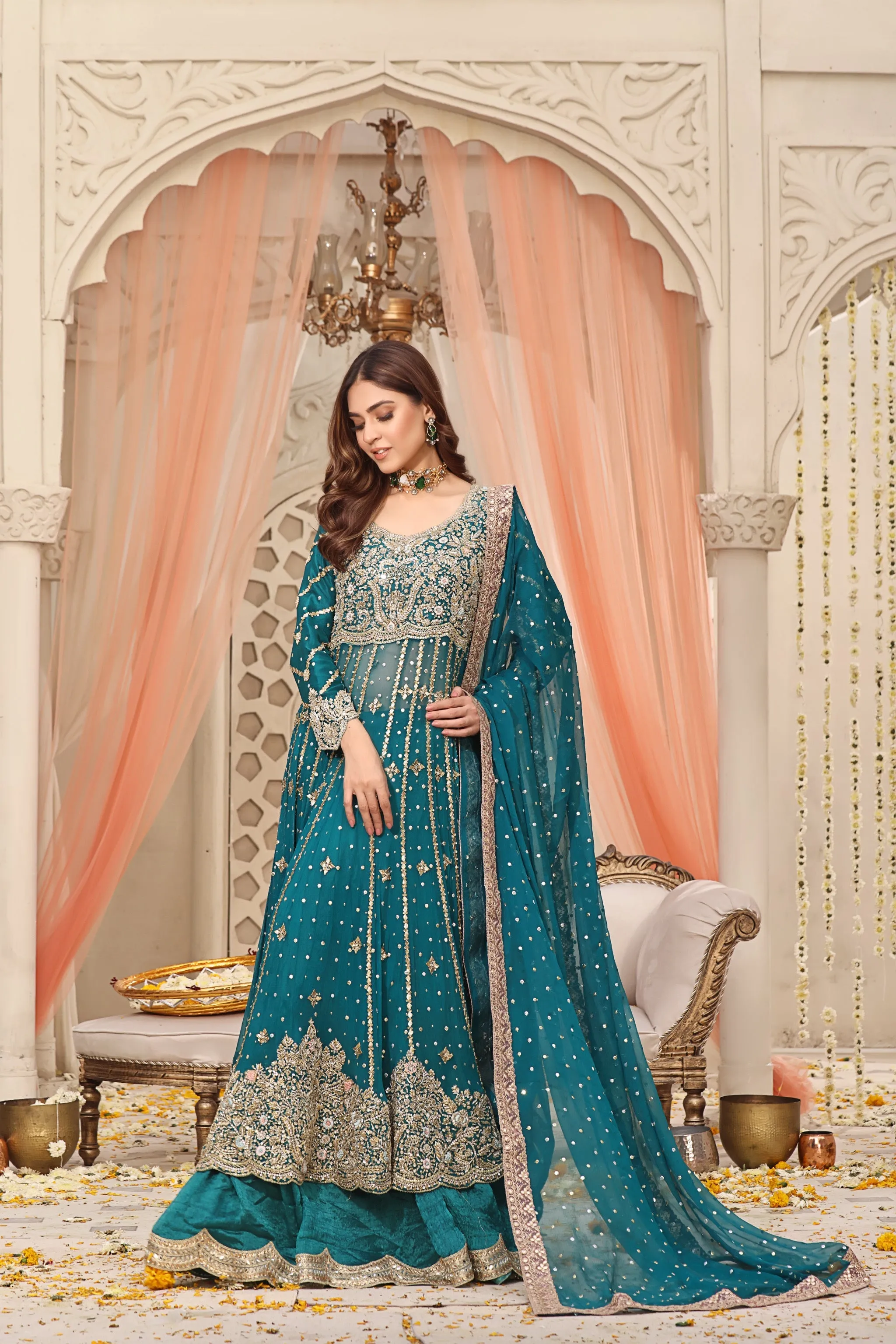 Mehndi Dress in Chiffon Kalidaar and Silk Lehenga Style