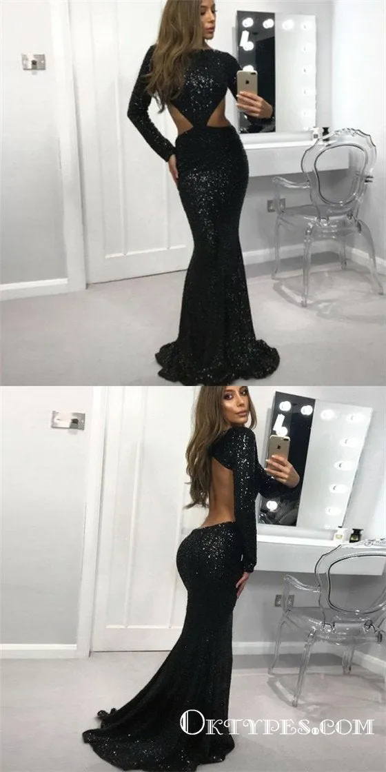 Mermaid Bateau Open Back Long Sleeves Black Sequin Long Prom Dresses, TYP1647