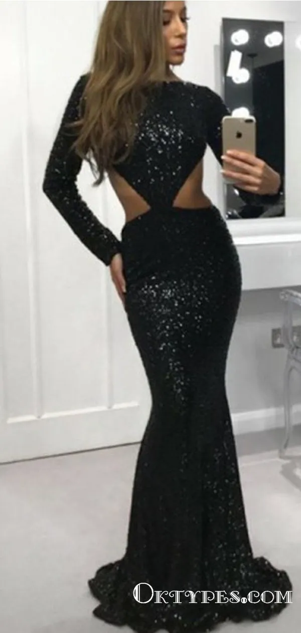 Mermaid Bateau Open Back Long Sleeves Black Sequin Long Prom Dresses, TYP1647