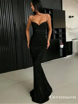 Mermaid Spaghetti Straps Sleeveless Black Sequin Long Prom Dresses, TYP1644