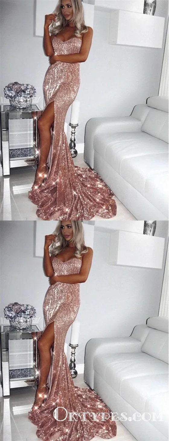 Mermaid  Sweetheart Pink Sequin Long Prom Dresses With Slit, TYP1698
