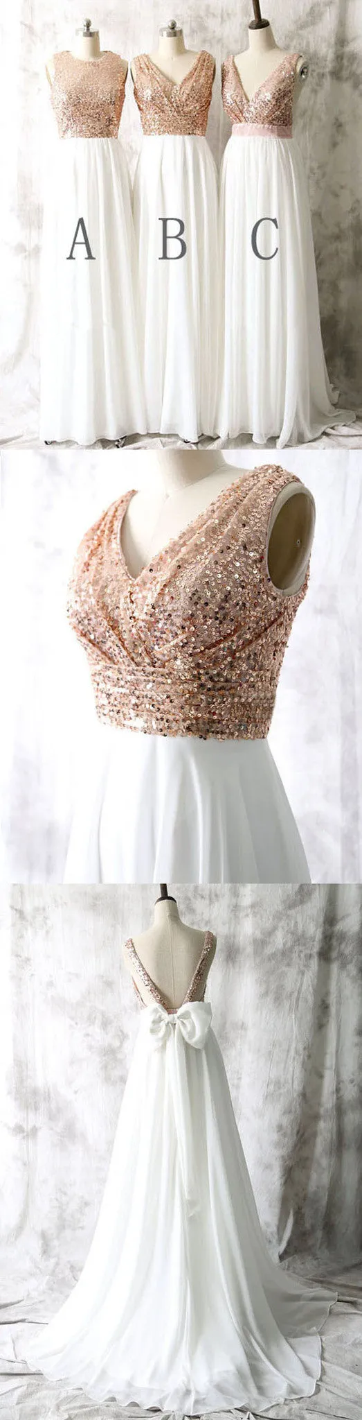 Mismatched Styles Sequin Top White Chiffon Long Bridesmaid Dresses, BG51314