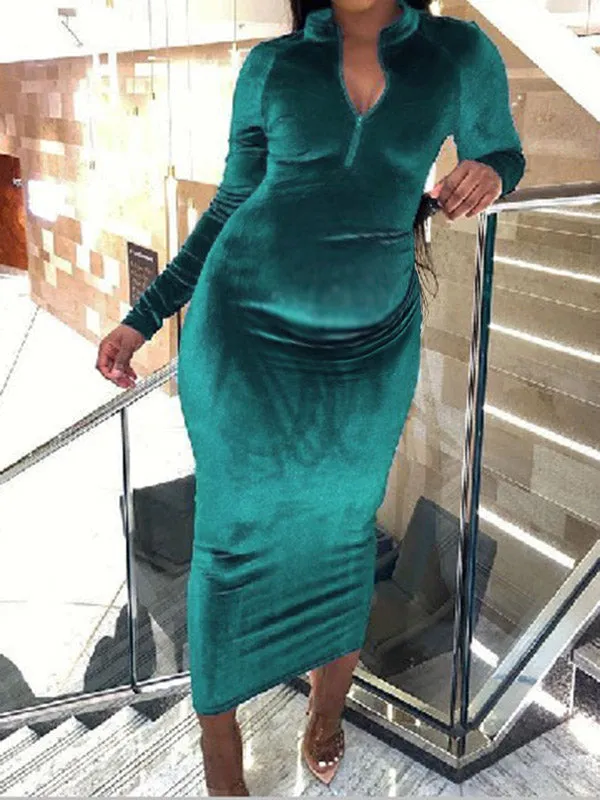 Momnfancy Elegant Fashion Bodycon Zipper Velvet Daily Casual Babyshower Maternity Maxi Dress