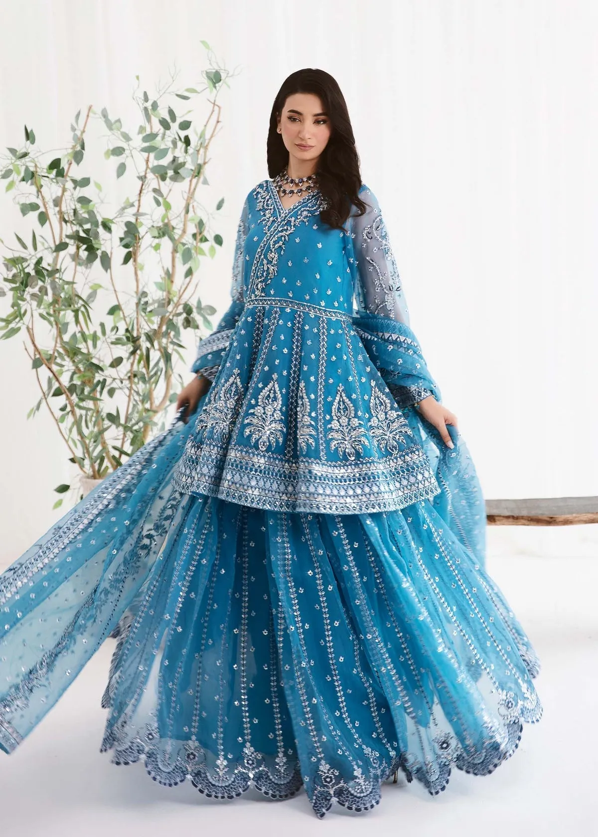 Navy Blue Embroidered Pakistani Wedding Dress Kameez Gharara