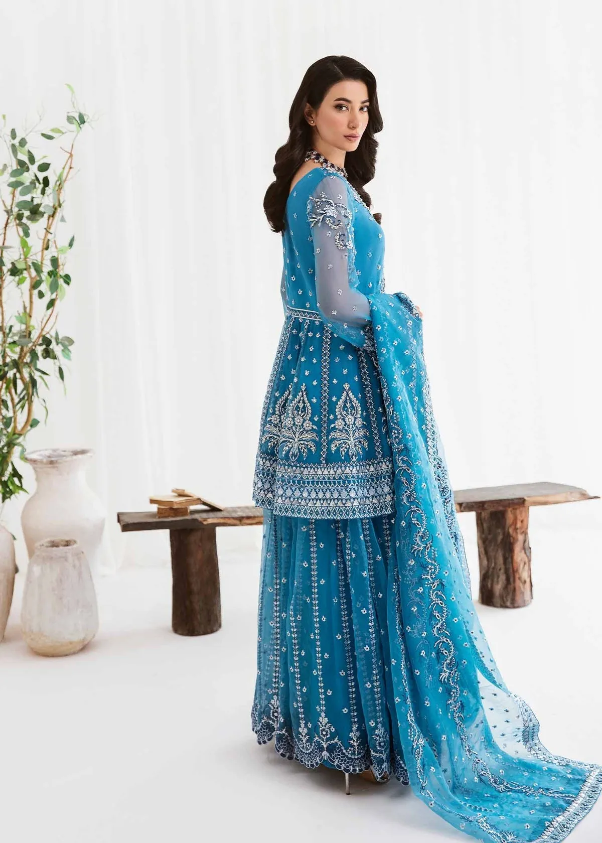Navy Blue Embroidered Pakistani Wedding Dress Kameez Gharara