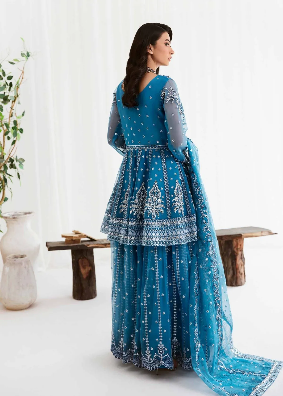 Navy Blue Embroidered Pakistani Wedding Dress Kameez Gharara