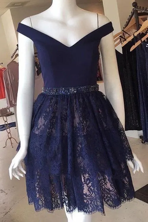 Navy Blue Lace Homecoming Party Dress Short Off-the-shoulder Neckline