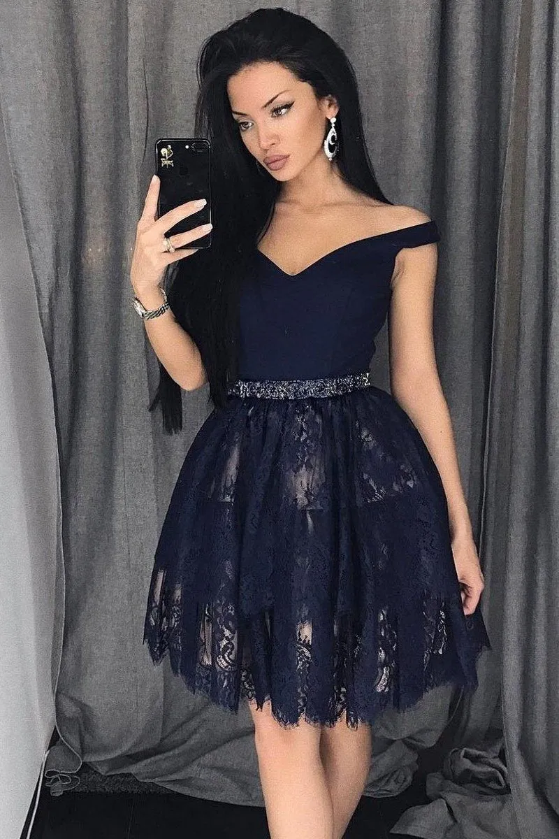 Navy Blue Lace Homecoming Party Dress Short Off-the-shoulder Neckline