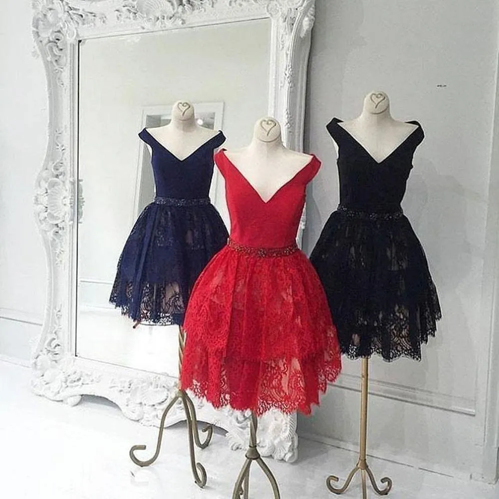 Navy Blue Lace Homecoming Party Dress Short Off-the-shoulder Neckline