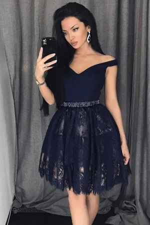 Navy Blue Lace Homecoming Party Dress Short Off-the-shoulder Neckline