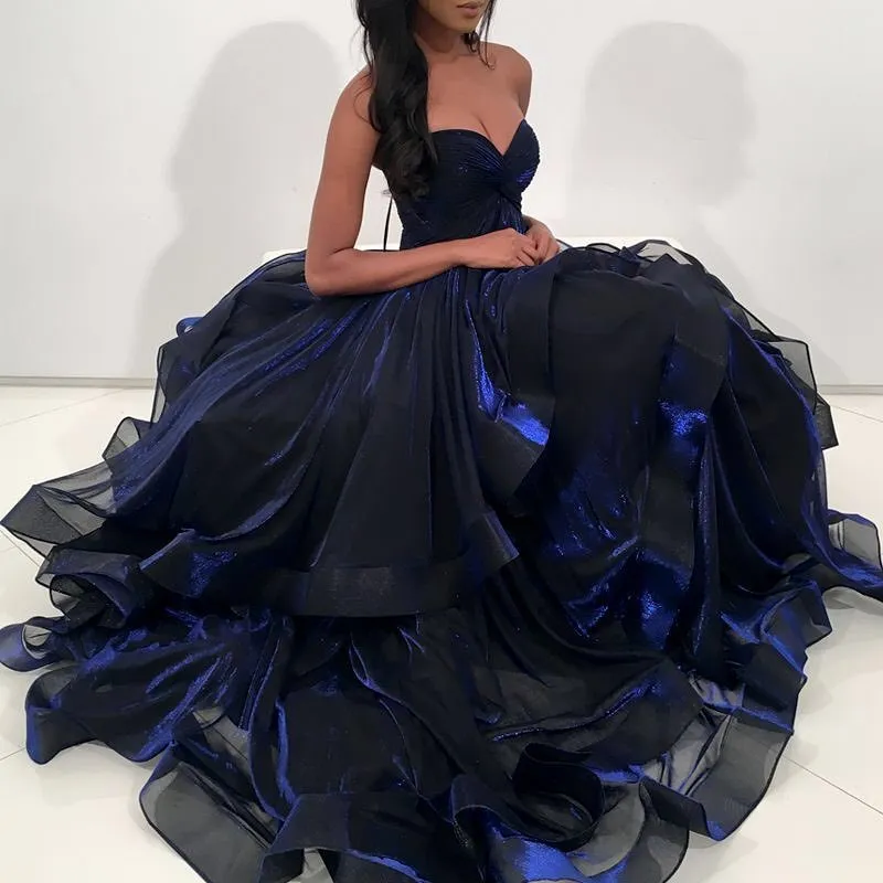 Navy Blue Organza Sweetheart Strapless Ball Gown Prom Gown Dresses ,PD00080