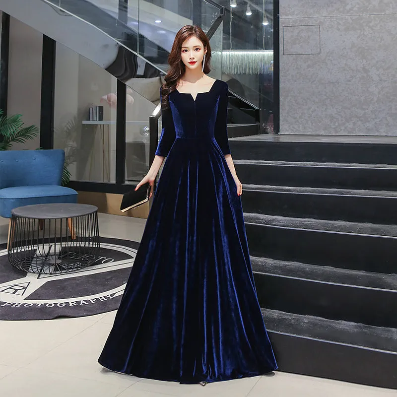 Navy Blue Velvet Long A-line Simple Style Bridesmaid Dresses, Elegant Party Dress Prom Dress