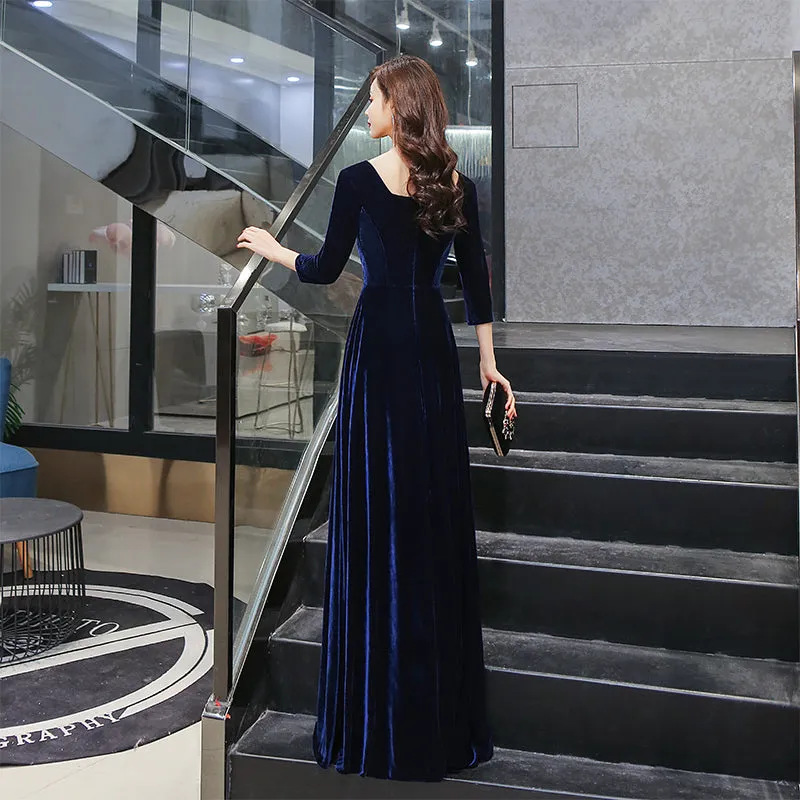 Navy Blue Velvet Long A-line Simple Style Bridesmaid Dresses, Elegant Party Dress Prom Dress