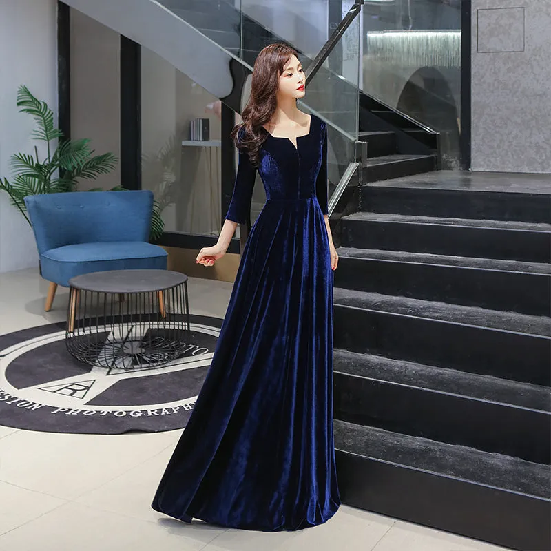 Navy Blue Velvet Long A-line Simple Style Bridesmaid Dresses, Elegant Party Dress Prom Dress