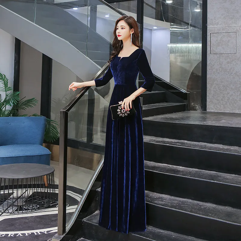 Navy Blue Velvet Long A-line Simple Style Bridesmaid Dresses, Elegant Party Dress Prom Dress
