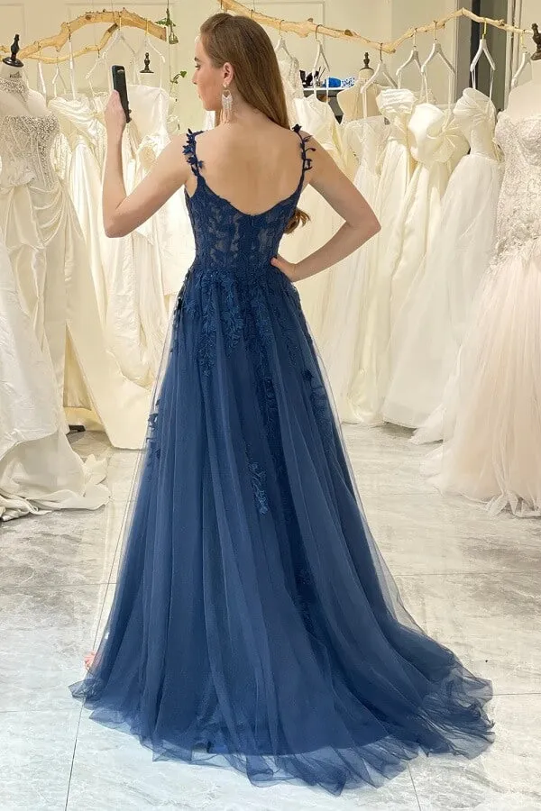 Navy Tulle A-line Spaghetti Straps Prom Dresses With Lace Appliques, SLP043