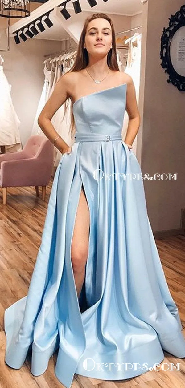 New Arrival Charming Sky Blue Satin Strapless A-Line Split Long Cheap Prom Dresses with Pockets, PDS0035
