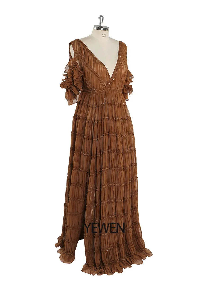 New Chiffon Dress Adjustble Waist Side Slit Woman Maxi Dress Photo Shoot Gowns Custom Color YEWEN YW221026