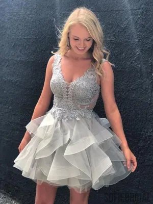 Newest V-neck Lace Top Backless Organza Homecoming Dresses, HD0106