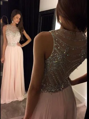 o neck beaded prom dresses long chiffon pink crystals a line sheer back prom gown 2020 casement