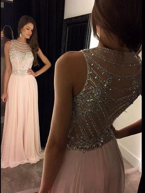 o neck beaded prom dresses long chiffon pink crystals a line sheer back prom gown 2020 casement