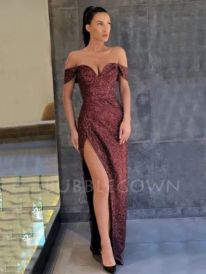 Off Shoulder Burgundy Sequin Side Slit Long Evening Prom Dresses, MR7358