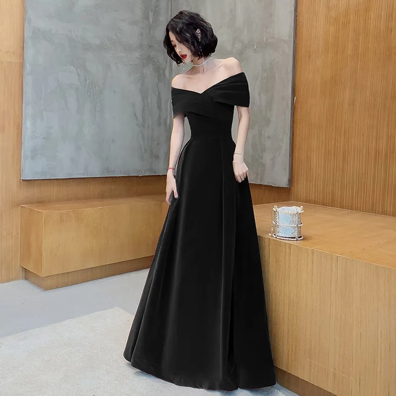 Off Shoulder Velvet Floor Length Sweetheart Evening Dress, A-line Long Prom Dress