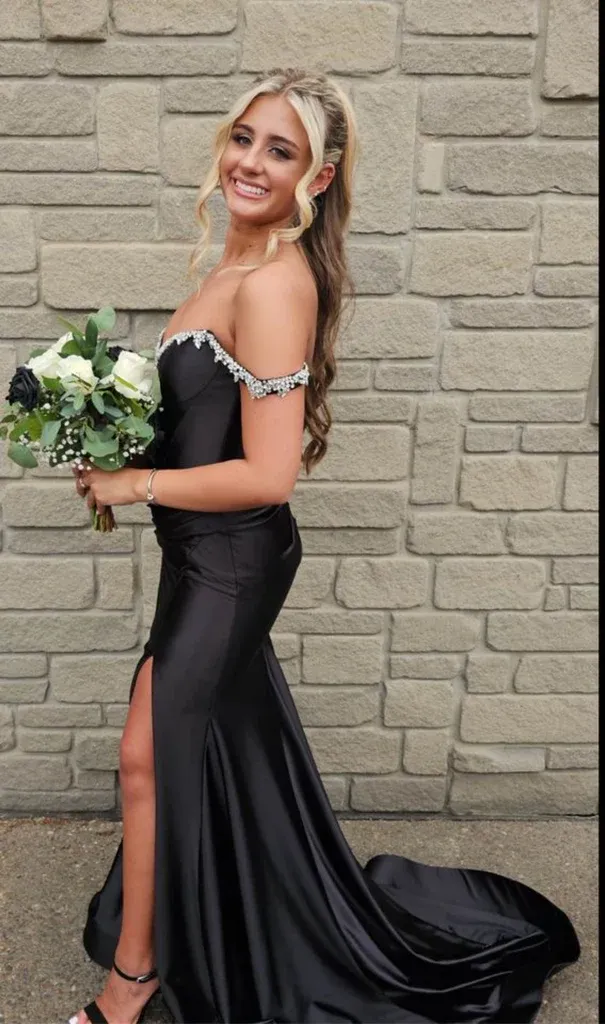 Off the Shoulder Mermaid Beaded Black Satin Long Prom Dresses with Side Slit, Off Shoulder Mermaid Beaded Black Satin Long Formal Evening Dresses