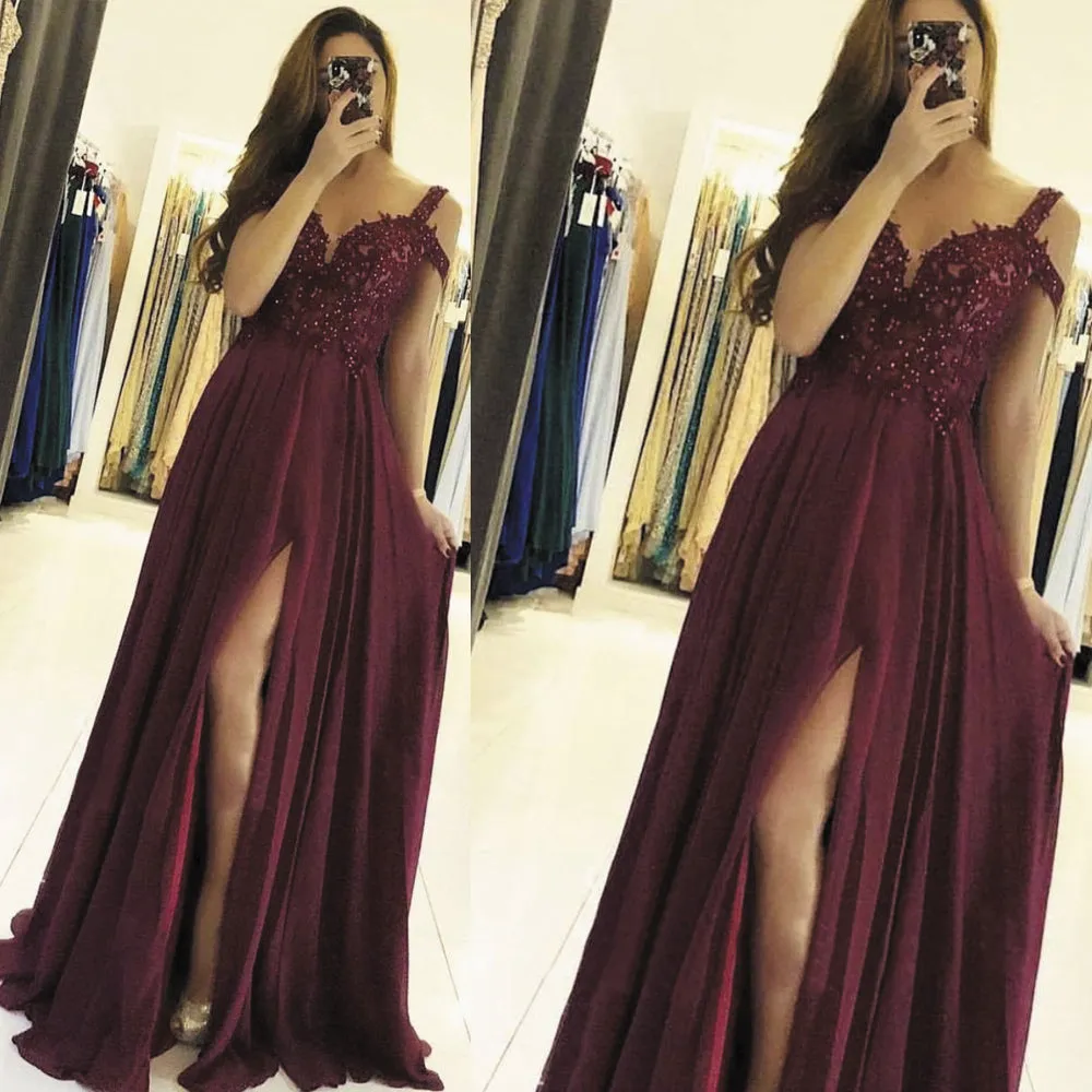 off the shoulder prom dresses long chiffon burgundy lace beaded elegant prom gown with side slit
