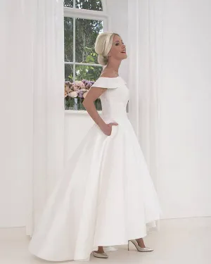 Off The Shoulder Vintage Satin Wedding Dress 2019 High-Low Ball Gown Dress for Brides Tea Length
