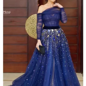 one shoulder crystal prom dresses long sleeve beaded royal blue arabic muslim fashion prom gown