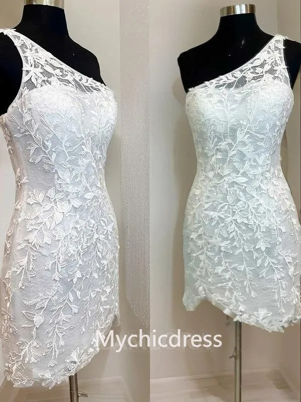 One Shoulder Short Prom Dresses Mermaid Pink Lace Homecoming Dresses
