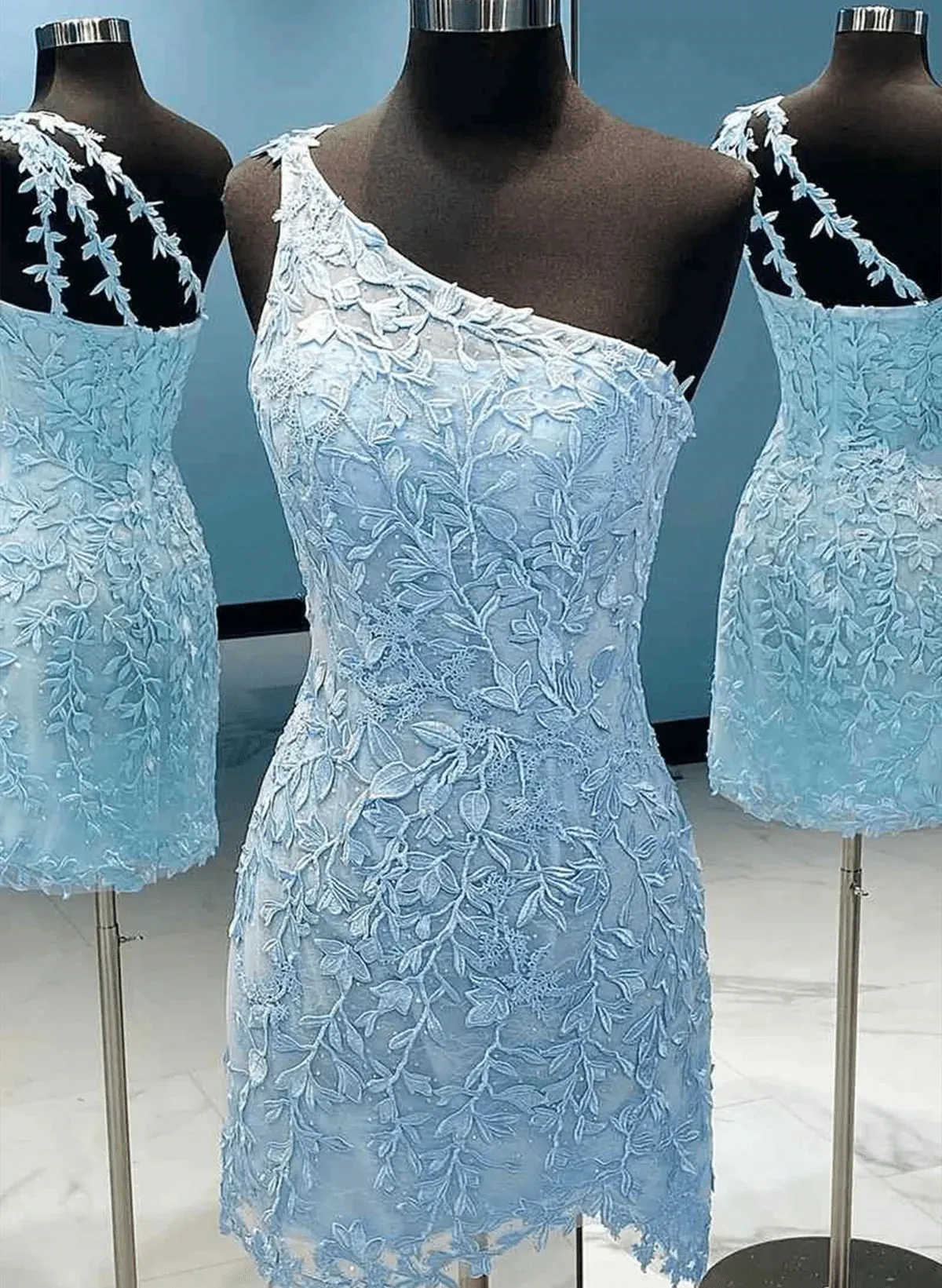 One Shoulder Short Prom Dresses Mermaid Pink Lace Homecoming Dresses