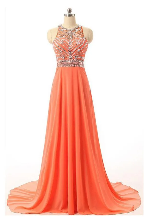 Orange Chiffon Open Back Halter Prom Dress, Evening Dress With Beading, MB188
