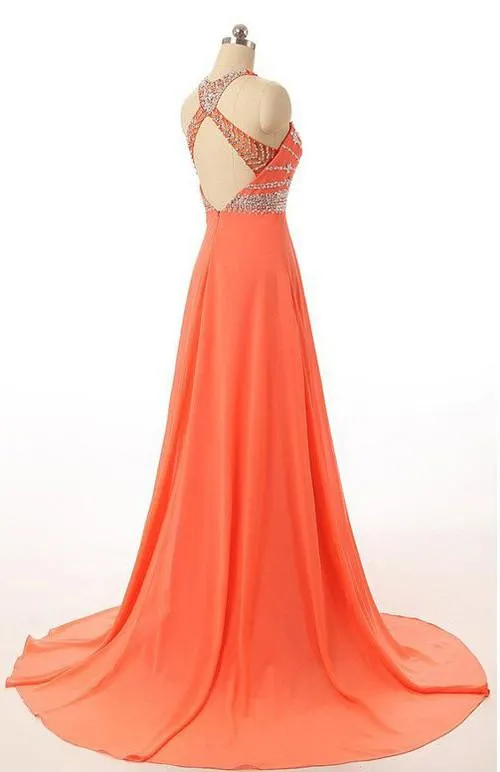 Orange Chiffon Open Back Halter Prom Dress, Evening Dress With Beading, MB188