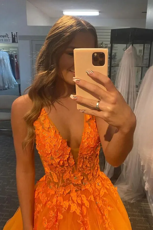 Orange Tulle V-neck Prom Dresses With Lace Appliques, Long Formal Dress, MP773