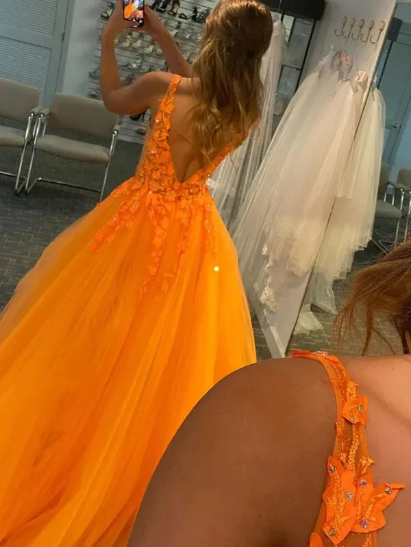 Orange Tulle V-neck Prom Dresses With Lace Appliques, Long Formal Dress, MP773
