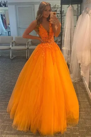 Orange Tulle V-neck Prom Dresses With Lace Appliques, Long Formal Dress, MP773