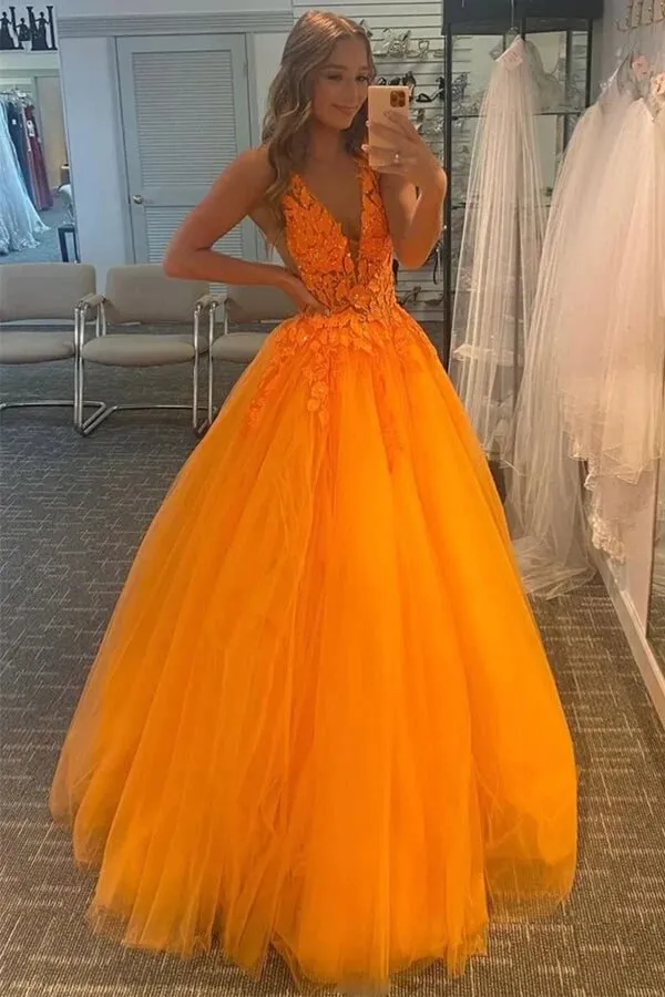 Orange Tulle V-neck Prom Dresses With Lace Appliques, Long Formal Dress, MP773
