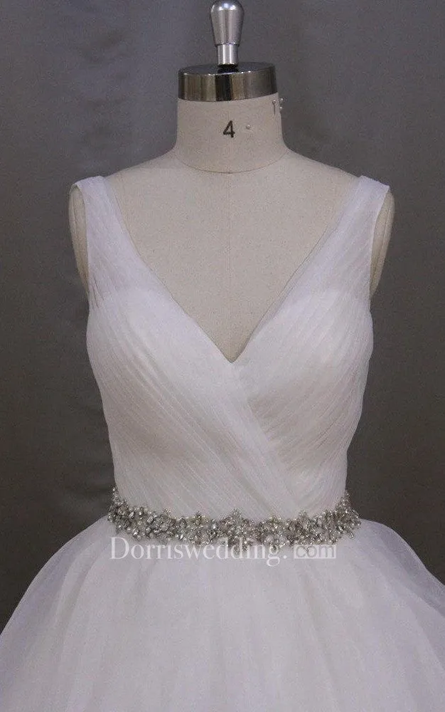 Organza V-Neck Sleeveless Dress With Ruffles and Beaded Waist