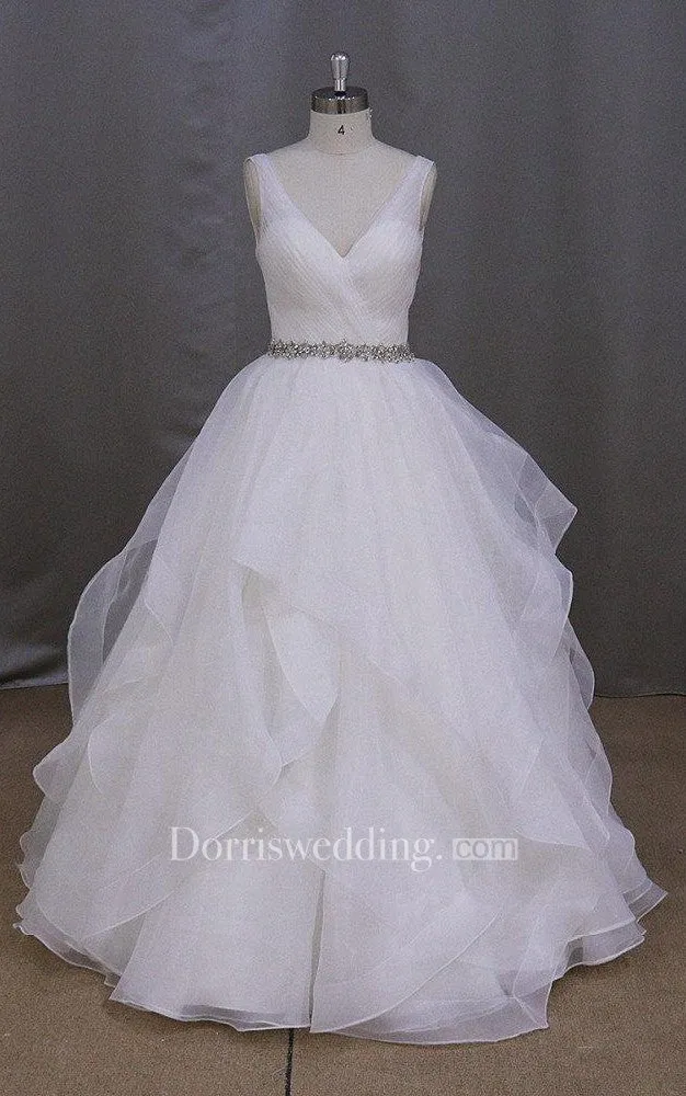 Organza V-Neck Sleeveless Dress With Ruffles and Beaded Waist