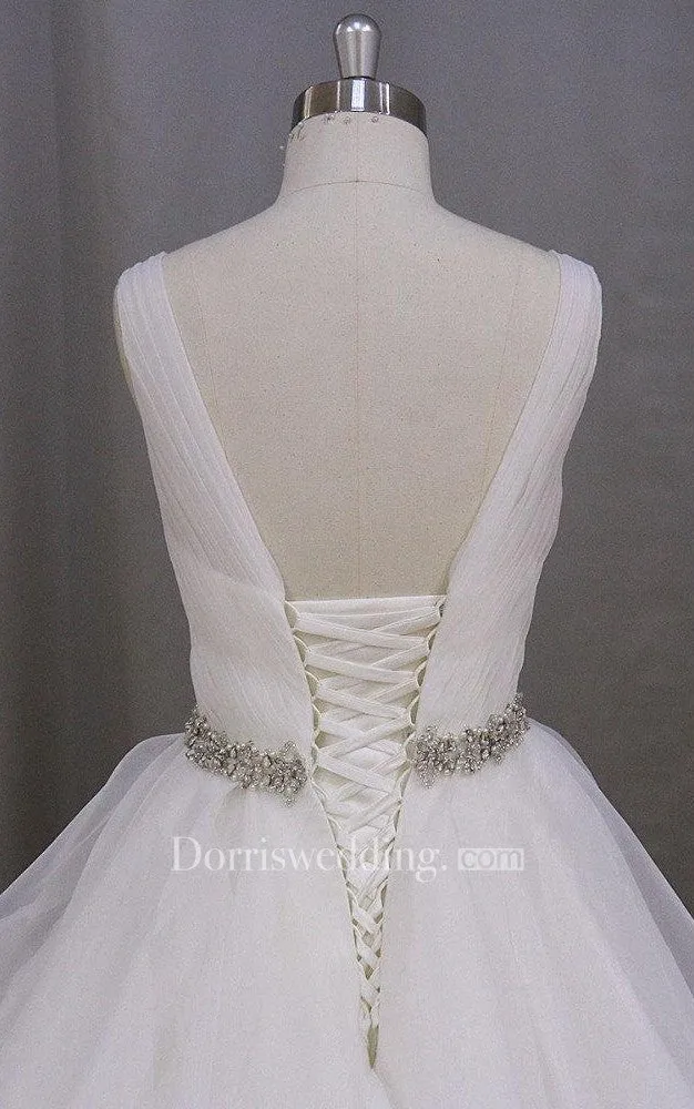 Organza V-Neck Sleeveless Dress With Ruffles and Beaded Waist