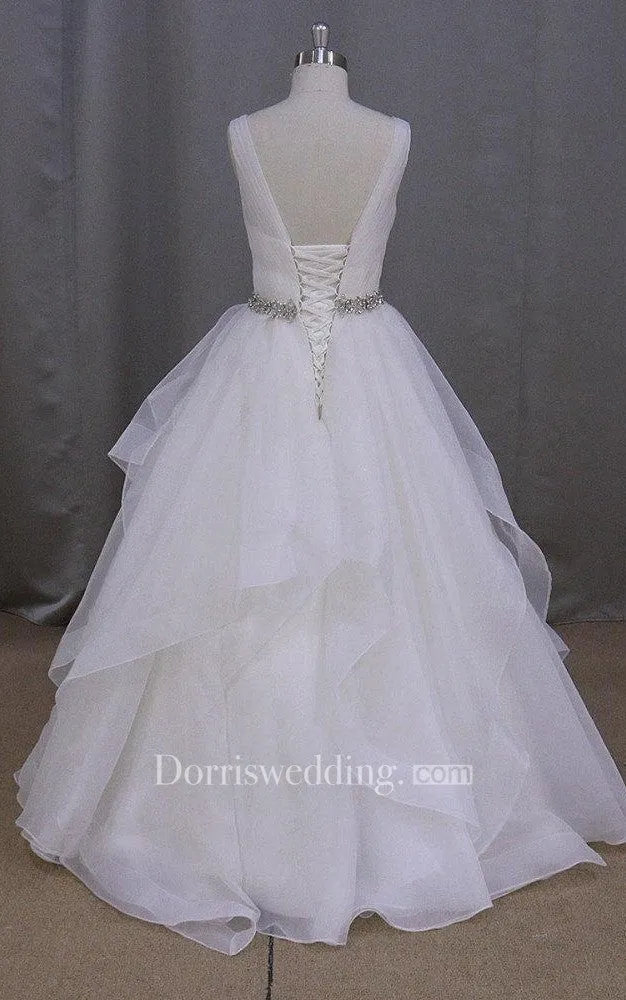 Organza V-Neck Sleeveless Dress With Ruffles and Beaded Waist